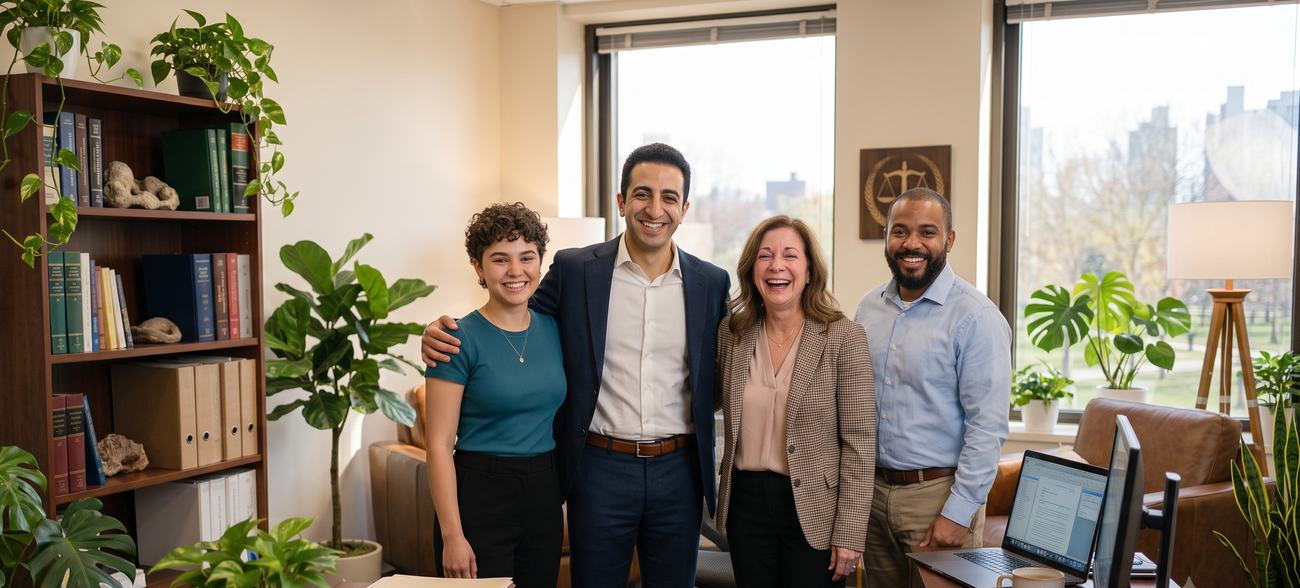 Friendly law firm team in a bright, plant-filled office