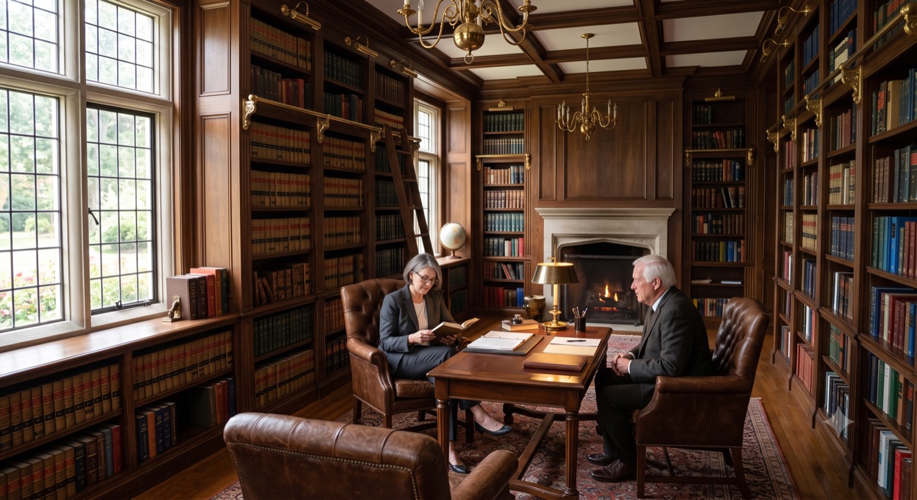 Elegant law firm library with dark wood shelves, brass accents and leather chairs